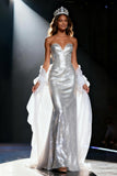 Silver Mermaid Sweetheart Sequined Maxi Pageant Dress with Drape
