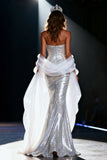 Silver Mermaid Sweetheart Sequined Maxi Pageant Dress with Drape