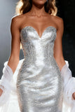 Silver Mermaid Sweetheart Sequined Maxi Pageant Dress with Drape