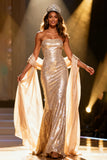Champagne Strapless Mermaid Sequin Maxi Pageant Dress With Drape