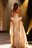 Champagne Strapless Mermaid Sequin Maxi Pageant Dress With Drape