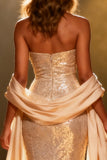 Champagne Strapless Mermaid Sequin Maxi Pageant Dress With Drape