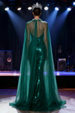 Sparkly Dark Green Mermaid Halter Pageant Dress with Overlay