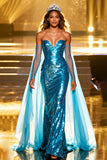 Blue Sequin Mermaid Sweetheart Maxi Pageant Dress With Overlay