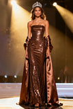 Sparkly Coffee Strapless Mermaid Maxi Pageant Dress with Drape