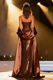 Sparkly Coffee Strapless Mermaid Maxi Pageant Dress with Drape