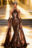 Mermaid Sequin Coffee Halter Maxi Pageant Dress With Drape