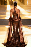 Mermaid Sequin Coffee Halter Maxi Pageant Dress With Drape