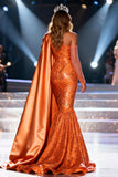 Sparkly Orange Mermaid One Shoulder Pageant Dress with Cape Train