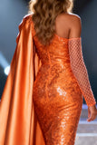 Sparkly Orange Mermaid One Shoulder Pageant Dress with Cape Train