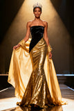 Gold Mermaid Strapless Sequin Maxi Pageant Dress With Drape