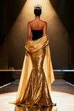 Gold Mermaid Strapless Sequin Maxi Pageant Dress With Drape