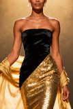 Gold Mermaid Strapless Sequin Maxi Pageant Dress With Drape