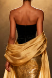 Gold Mermaid Strapless Sequin Maxi Pageant Dress With Drape