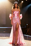 Sparkly Light Pink Strapless Bow Mermaid Pageant Dress With Slit