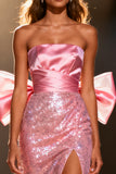 Sparkly Light Pink Strapless Bow Mermaid Pageant Dress With Slit
