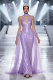 Sparkly Light Purple Halter Mermaid Pageant Dress with Drape