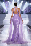 Sparkly Light Purple Halter Mermaid Pageant Dress with Drape
