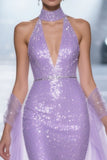 Sparkly Light Purple Halter Mermaid Pageant Dress with Drape