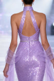 Sparkly Light Purple Halter Mermaid Pageant Dress with Drape