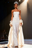 White Strapless Mermaid Sequin Maxi Pageant Dress With Drape