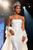 White Strapless Mermaid Sequin Maxi Pageant Dress With Drape