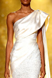 Sparkly White One Shoulder Mermaid Maxi Pageant Dress With Sash Train