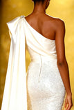 Sparkly White One Shoulder Mermaid Maxi Pageant Dress With Sash Train