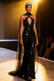 Sparkly Black Mermaid Halter Maxi Pageant Dress with Sash