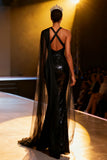 Sparkly Black Mermaid Halter Maxi Pageant Dress with Sash