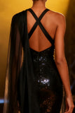 Sparkly Black Mermaid Halter Maxi Pageant Dress with Sash