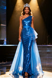 Royal Blue Sequin One Shoulder Mermaid Maxi Pageant Dress With Overlay