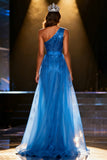 Royal Blue Sequin One Shoulder Mermaid Maxi Pageant Dress With Overlay