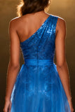 Royal Blue Sequin One Shoulder Mermaid Maxi Pageant Dress With Overlay