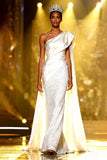 Sparkly White One Shoulder Mermaid Maxi Pageant Dress With Sash Train