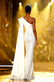 Sparkly White One Shoulder Mermaid Maxi Pageant Dress With Sash Train