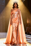 Orange One Shoulder Sequin Mermaid Pageant Dress With Slit