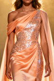 Orange One Shoulder Sequin Mermaid Pageant Dress With Slit