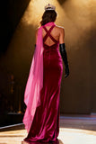 Fuchsia Velvet Mermaid Halter Pageant Dress With Slit