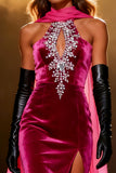 Fuchsia Velvet Mermaid Halter Pageant Dress With Slit