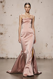 Light Pink Satin Mermaid Long Evening Dress With Slit