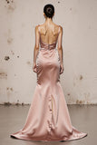 Light Pink Satin Mermaid Long Evening Dress With Slit