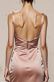 Light Pink Satin Mermaid Long Evening Dress With Slit