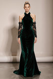 Dark Green Halter Velvet Mermaid Evening Dress (Without Sleeves)