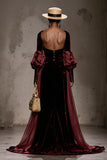 Burgundy Velvet Long Sleeve Evening Dress with Overlay
