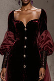 Burgundy Velvet Long Sleeve Evening Dress with Overlay