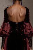Burgundy Velvet Long Sleeve Evening Dress with Overlay