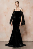 Black Mermaid Velvet Evening Dress With Cape