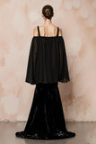 Black Mermaid Velvet Evening Dress With Cape