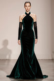 Velvet Halter Mermaid Dark Green Evening Dress